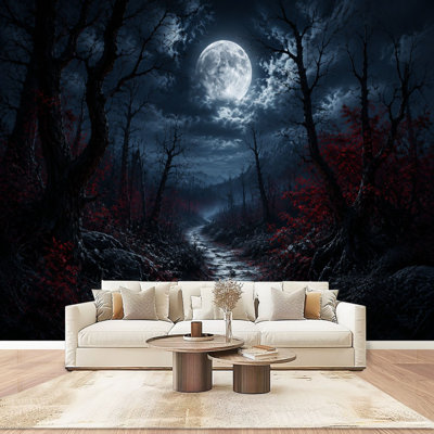 Adhésif mural Eery Forest Path sous la pleine lune, feuillage rouge, papier peint auto-adhésif pour salon de chambre à coucher, L 100 po x l 144 po