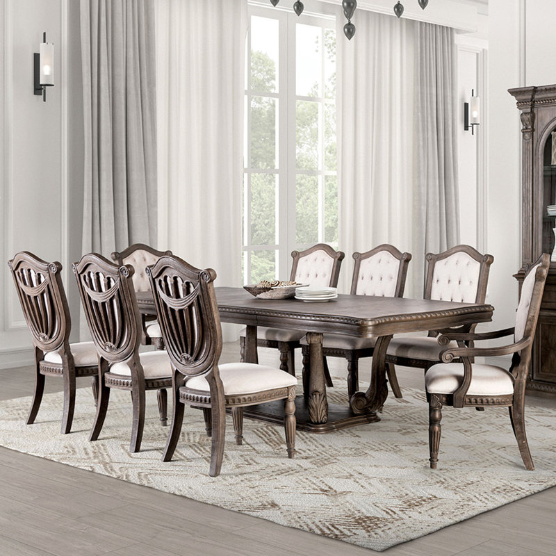 Table de salle à manger rectangulaire en bois avec siège rembourré en chêne vieilli et beige, 9