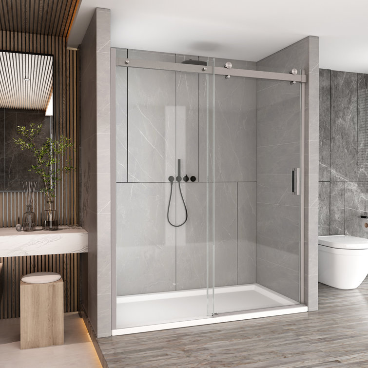 60'' W x 76'' H Single Sliding Frameless Shower Door with 5/16"(8mm) Clear Tempered Glass
