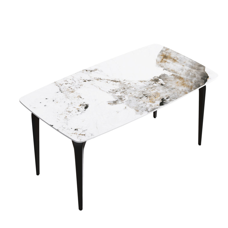 Table de salle à manger 63 po blanc antique - plateau en matériau chauffant, pieds en métal, pour 6 pierres frittées blanches, stable et sécuritaire, 6 pieds noirs