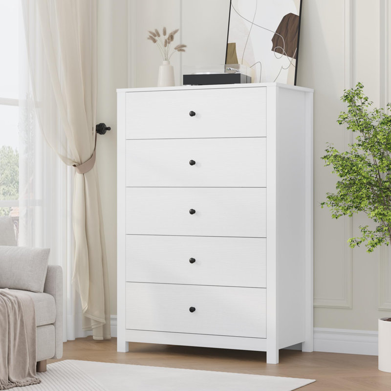 Commode de rangement à 5 tiroirs de 45 po en bois blanc, Blanc