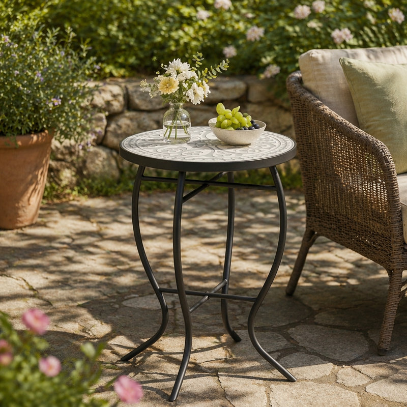 Table d'appoint d'extérieur ronde avec plateau de style mosaïque et pieds incurvés en fer
