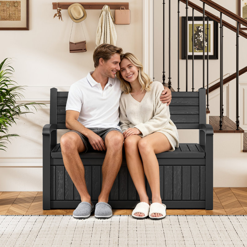 Banc de rangement extérieur - Coffre de terrasse en résine de 80 gallons avec compartiment verrouillable, siège à texture de bois résistant aux intempéries pour patio et jardin