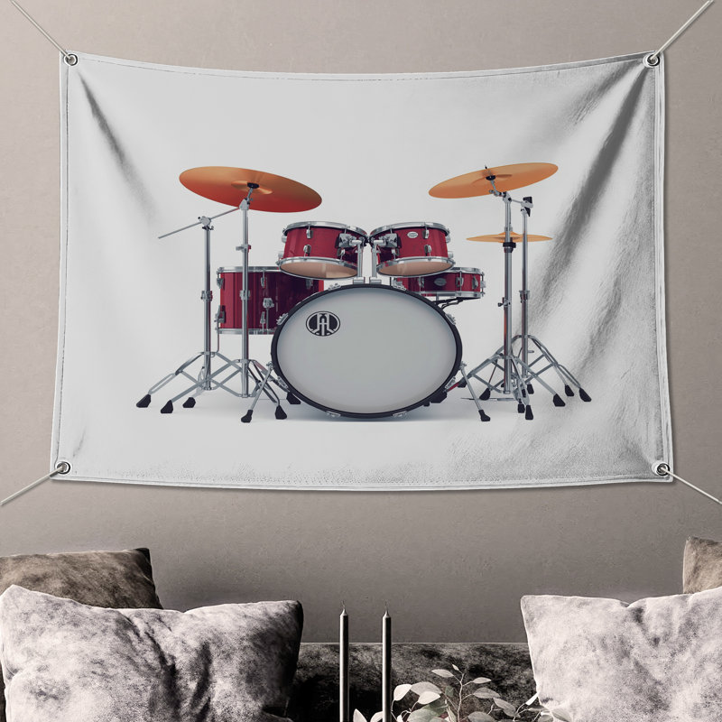 Tapisserie murale Red Drum Kit - Décoration murale tambour, H 68 po x l 80 po avec 4 œillets