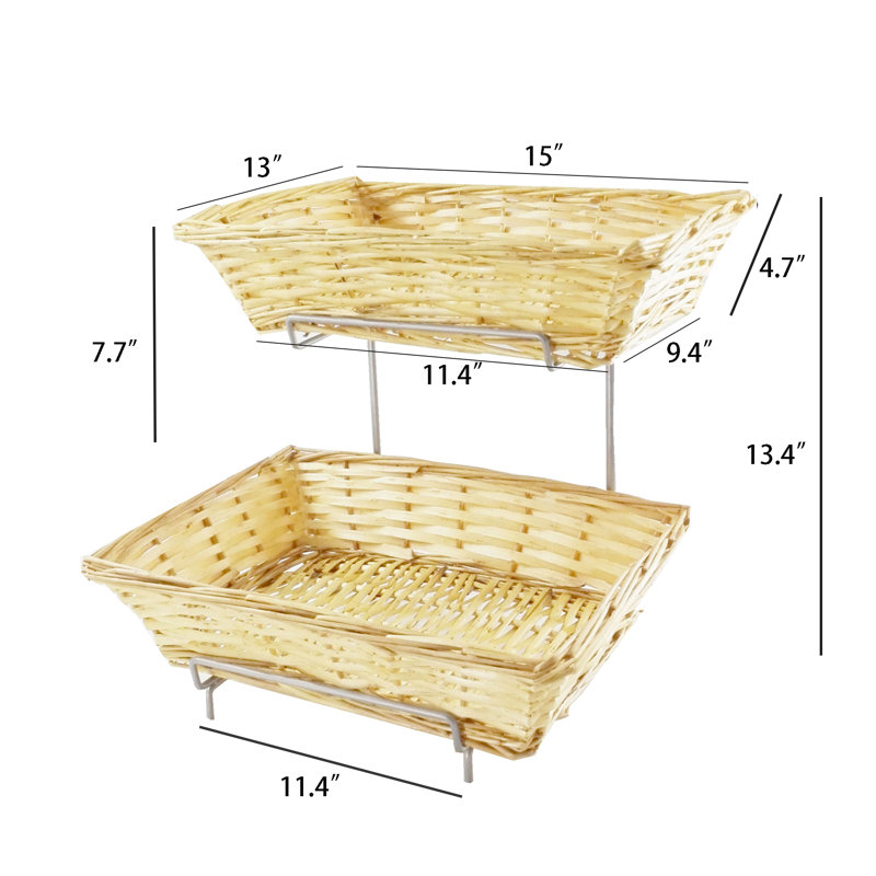 7.8 X 19 X 13" Two-tier Display Rack for Counters with 2 Wicker Baskets, Retail Displays