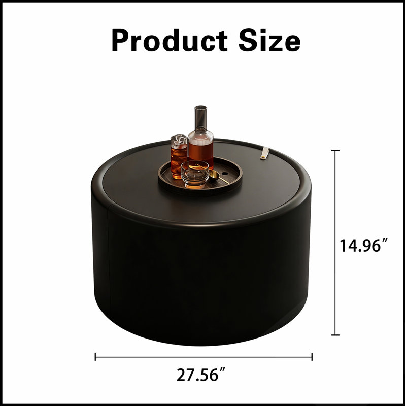 Table basse ronde avec plateau en verre trempé, structure en similicuir et rangement caché pour les salons modernes, Noir