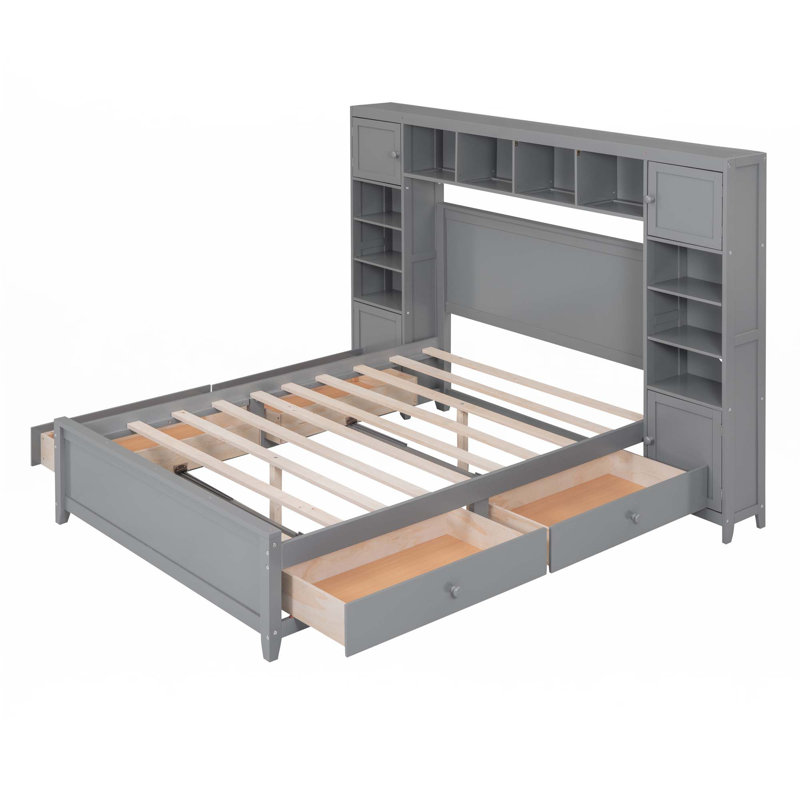 Lit en bois avec armoire et tablette tout-en-un, Gris