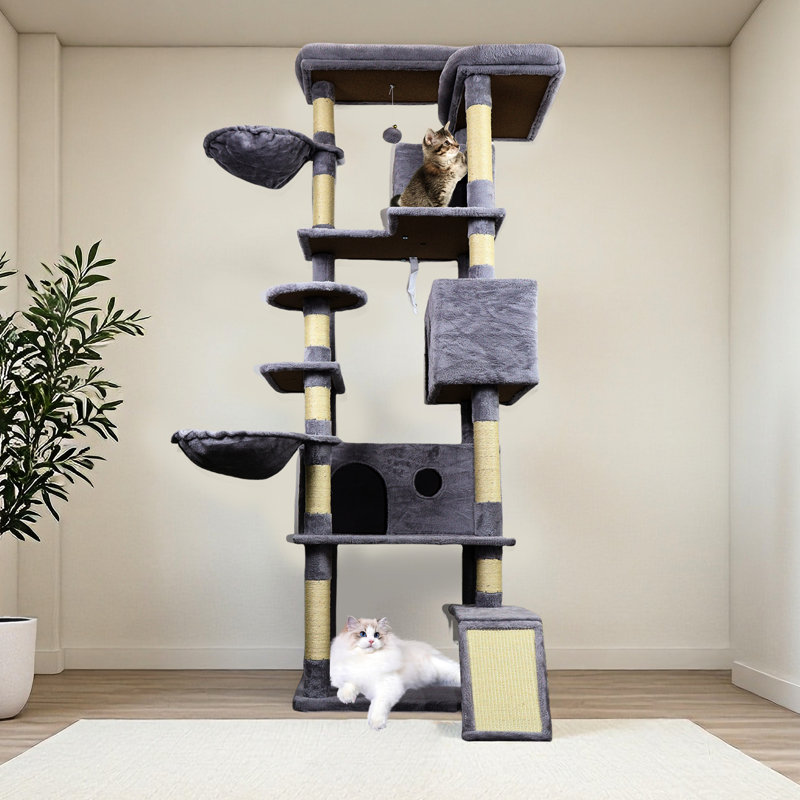 Tour pour chat de 84 pouces de couleur grise foncée, poteaux et boules interactives pour arbre de jeu, poteau à griffer, plateforme de jeu, chatons de jeu