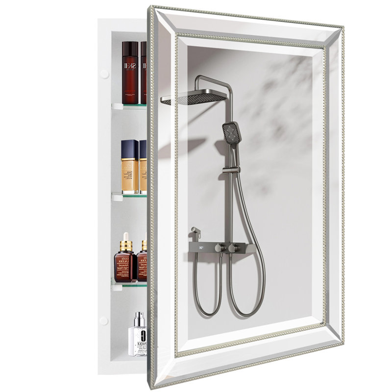 16 in. W x 26 in. H x 5 in. D Framed Single Door Recessed Metro Beaded Bathroom Medicine Cabinet in Silver 16 in. W x 26 in. H x 5 in. D Framed Single Door Recessed Metro Beaded Bathroom Medicine Cabinet in Silver
