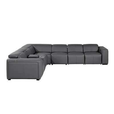 Top Grain Italian Leather 7-Piece L-Shaped Modular Power Reclining Sectional With 4 Power Recliners & Power Headrests