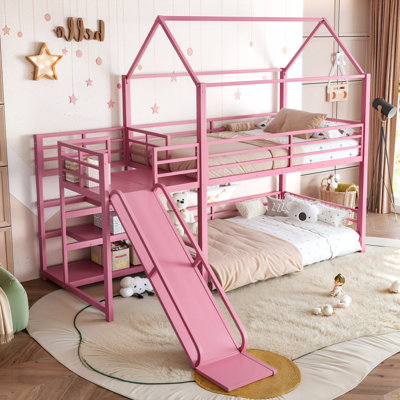 Lit simple superposé en métal avec escalier de rangement, glissière, rails de sécurité, rose