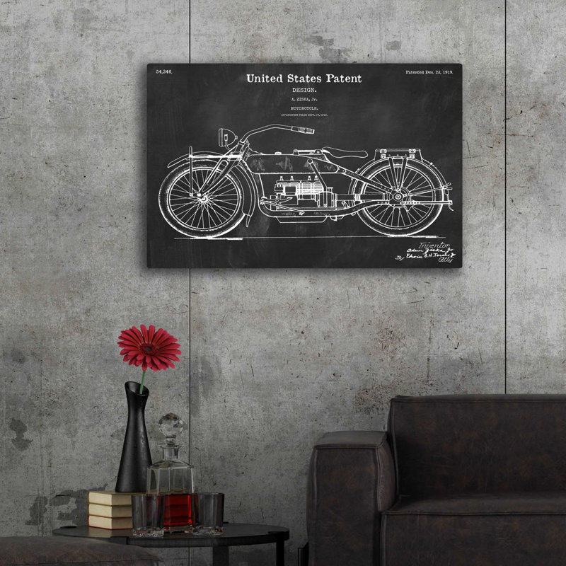 «Vintage Motorcy Blueprint Vernis Chalkboard» par Acrylique, art mural en verre, H 24 po x l 36 po x P 0,2 po