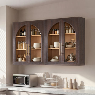 Modern Arched Bathroom Wall Cabinet With Glass Doors, Brown-2pcs