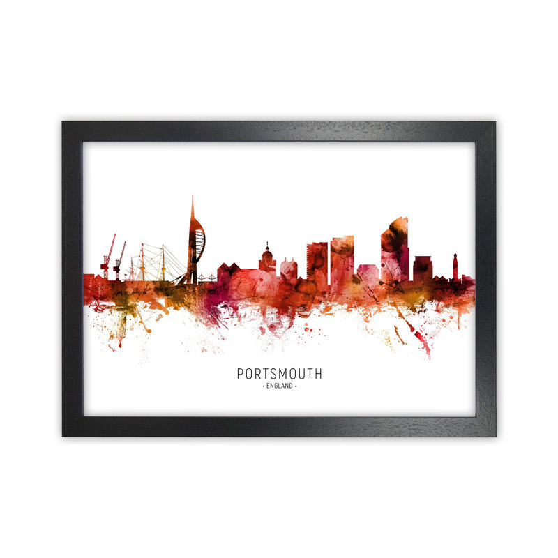 Portsmouth England Skyline Red City Name by Michael Tompsett - Print, Black Framed, 34cm H x 46cm W x 3cm D