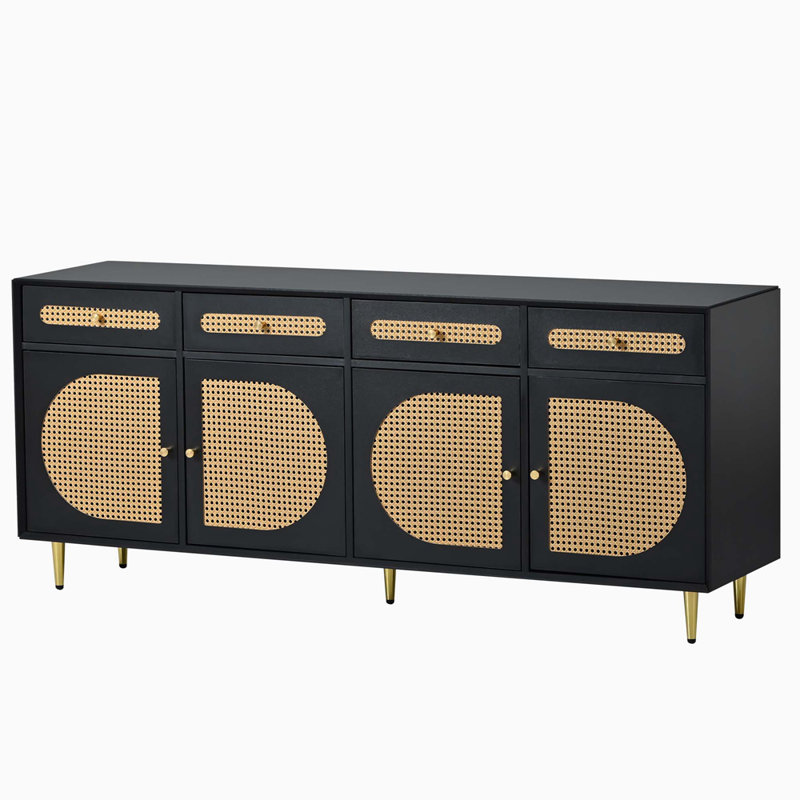 Shaikh 64.57 Media Console Table with Adjustable Shelves, Rattan Door TV Stand,Storage Sideboard Cabinet, Black