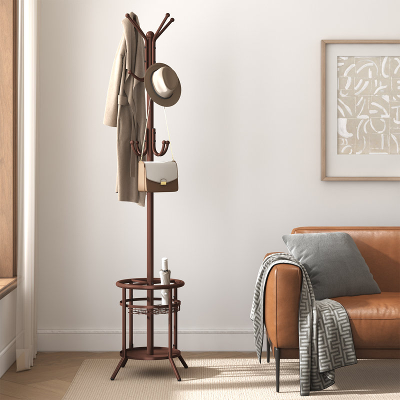 12-Hook Freestanding Metal Coat Rack with Storage Shelf, Brown