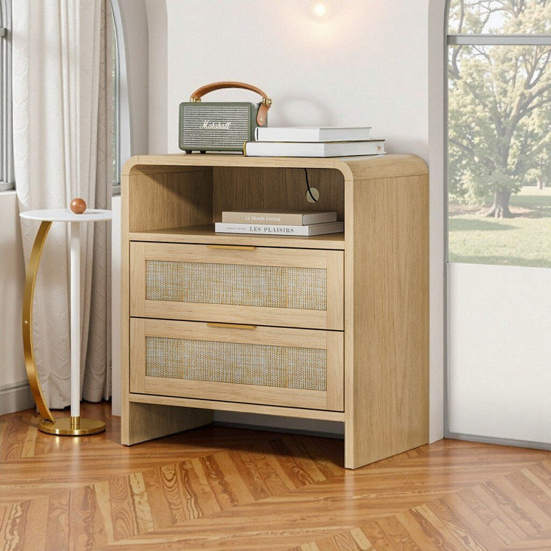 Table de chevet à 2 tiroirs de 22,8 pouces de large avec tablette ouverte intégrée pour station de charge USB et capacité de poids de 100 lb