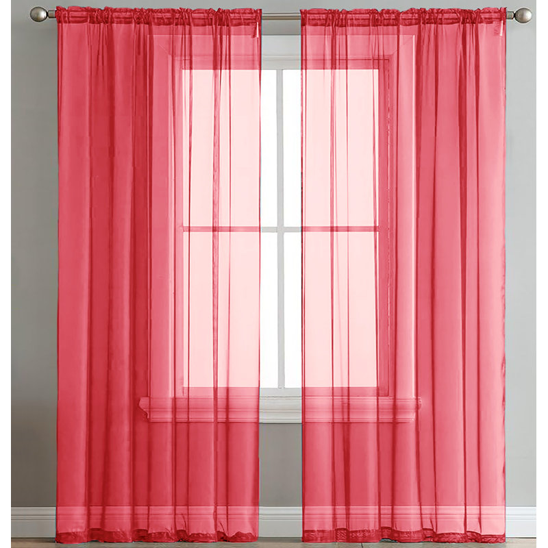Sheer Window Rod Pocket Curtain Set 84" Inches Long (2 Panels), Red