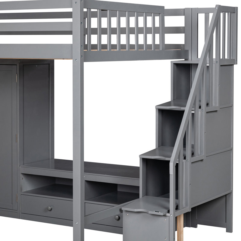 Structure de lit double pleine grandeur avec garde-robe, table de rangement basse et escalier de rangement, Gris