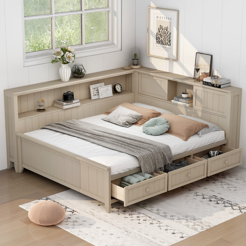  Lit de jour double en bois avec tablettes de rangement et compartiments sous le lit à usages multiples, crème