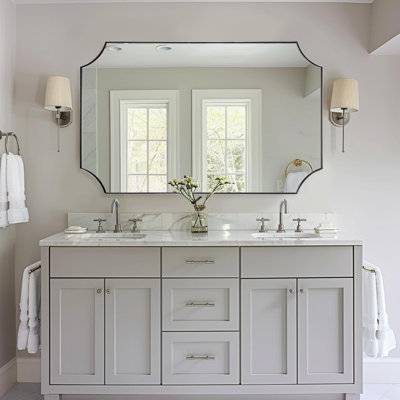  Tariro Contemporary Notched Corner Scalloped Rectangle Bathroom Vanity Mirror | Stainless Steel Frame