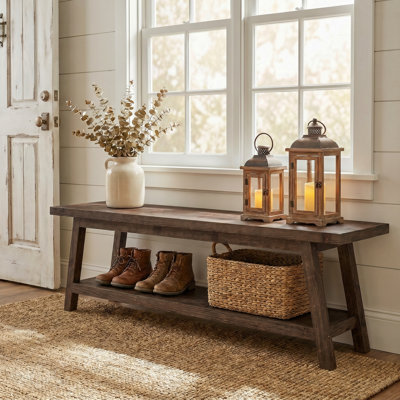 Solid Wood 63"Shoe Bench With 2-Tier Storage, Rustic Entryway Bench For Hallway, Farmhouse Style
