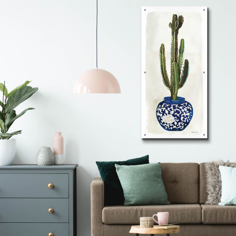 «Cacti in Blue Pot 2» par Stellar Design Studio, art mural en verre acrylique, H 48 po x l 24 po