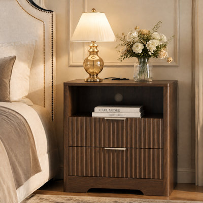 Nightstand with Drawers and Charging Station, Voice-Controlled Night Light & Storage