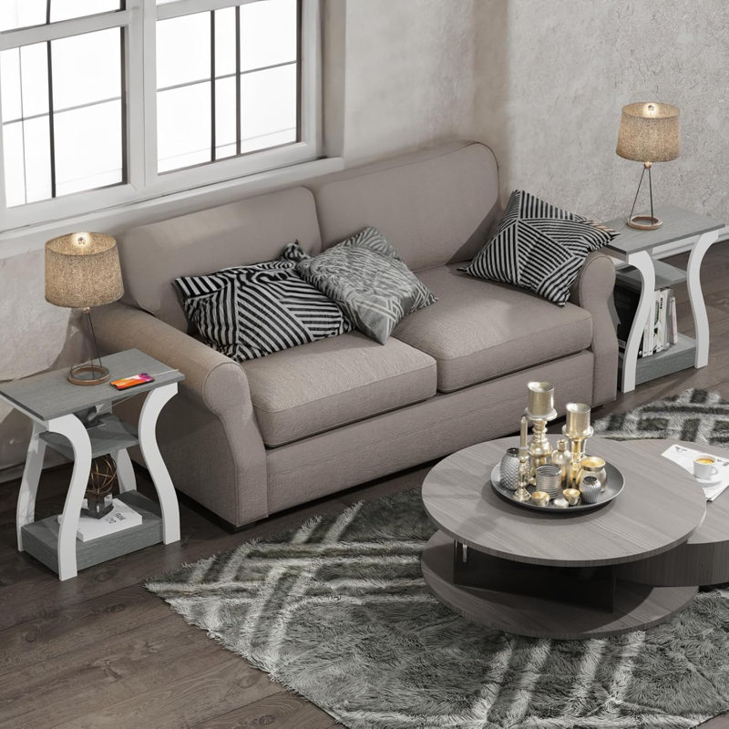 Ensemble de 2 tables de bout avec station de charge, table d'appoint à 3 niveaux avec tablette de rangement, table de chevet multifonctionnelle pour le salon et la chambre à coucher