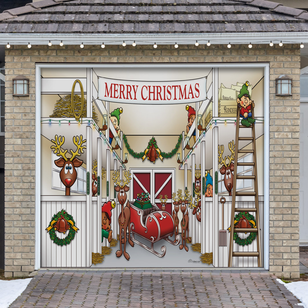 Cozy Reindeer Barn 7' x 8' Christmas Single Garage Door Banner - Outdoor Holiday Decorations My Door Decor