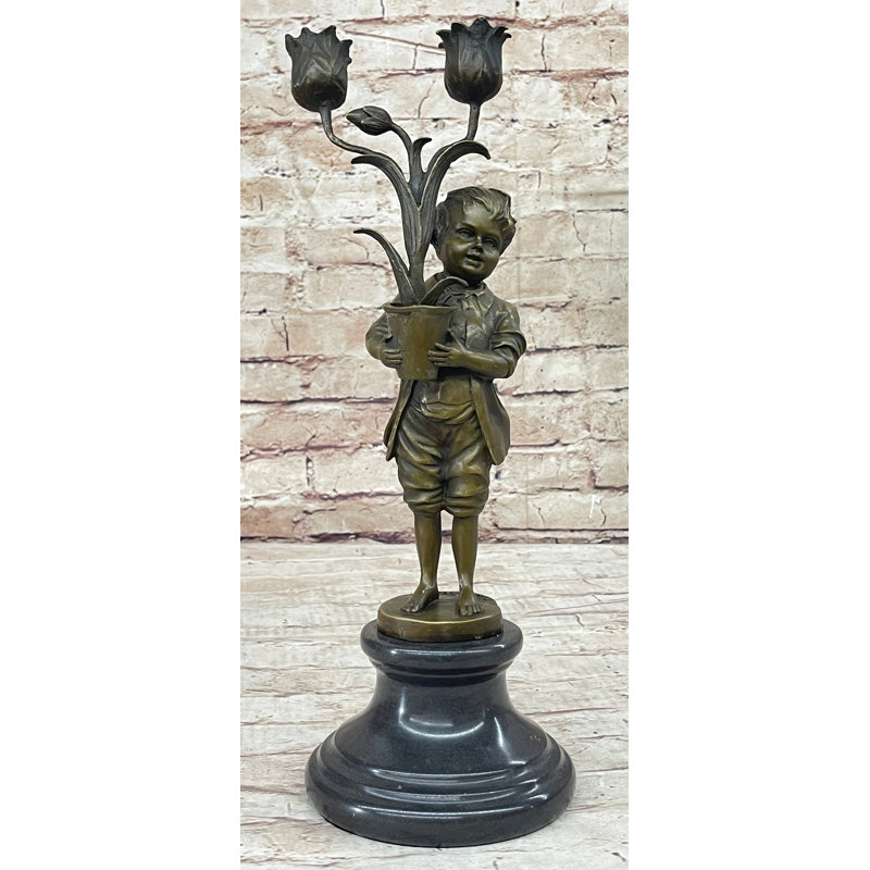 Original Aldo Vitaleh Boy Holding a Tulip Vase Bronze Candle Holder Sculpture