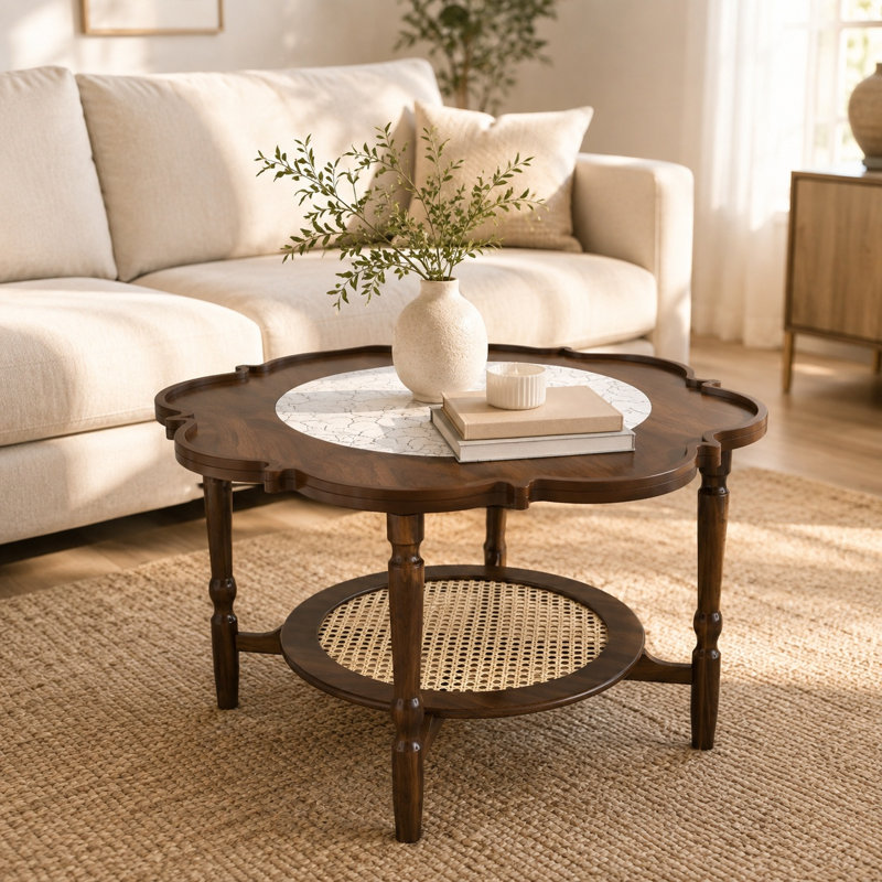 Table basse Calline Mid-Century en forme de pétale avec tablette en rotin et plateau en verre, Noyer