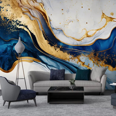 Luxury Blue And Gold Marble Abstract Wall Mural With Metallic Fluid Art Waves Modern Statement Wallpaper