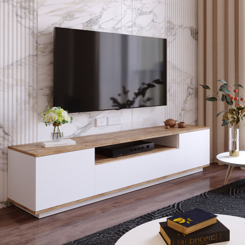 Meuble télé moderne avec portes à pousser, pin atlantique et blanc, 70,9 po x 17,6 po x 17,6 po | 100% panneau de particules enduit de mélamine, épaisseur: 0,7 pouce | Design scandinave, élégant et fonctionnel pour le salon et les espaces de divertissement