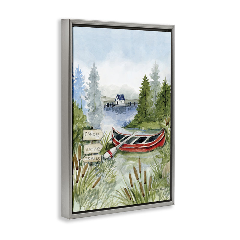 Canot sur un cadre flottant sur un lac, design par Susan Winget, H 31 po x l 21 po, Cadre flottant gris lustré