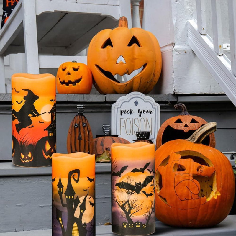 3 Pack Halloween Flameless LED Candles - 6-Hour Timer, Battery-Operated Wax with Witch/Bats/Castle Decals, Flickering for Decor