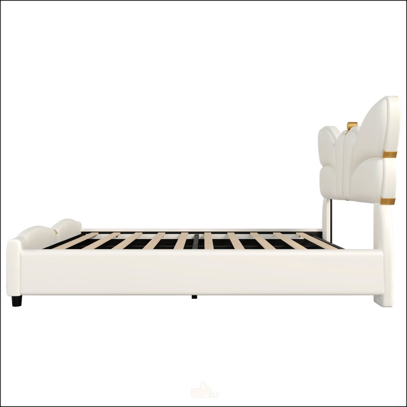 Structure de lit rembourrée en similicuir, Beige, Double