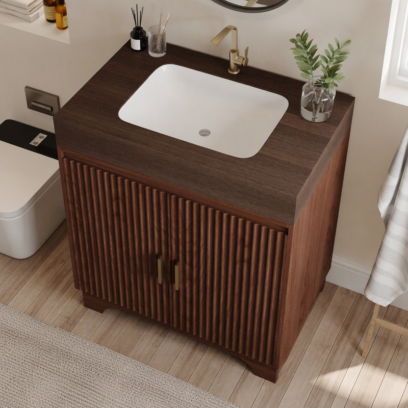 Meuble-lavabo de comptoir en pierre aggloméré 30 po avec lavabo en céramique, Walnut
