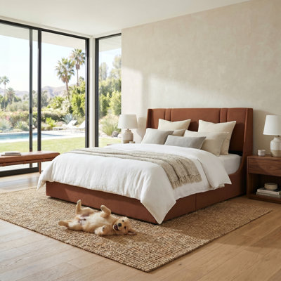 41.7" Velvet Curved Wingback Queen Bed Frame with Hydraulic Lift, No Box Spring Needed, Ocher