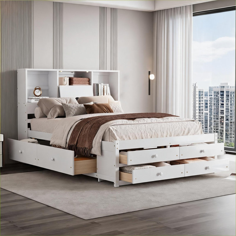 Grand lit plateforme minimaliste avec rangement en bois massif et blanc avec 8 tiroirs