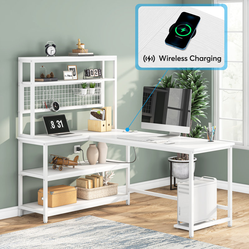55" Large Computer Desk L-Shaped Desk with Wireless Charging and Bookshelf for Home Office, White