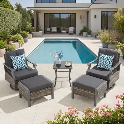 5 Pieces Metal Patio Furniture Set, Outdoor Conversation Set With Swivel Chairs And Ottoman Ideal For Porch Deck Bistro Lawn Garden Backyard Poolside -Grey