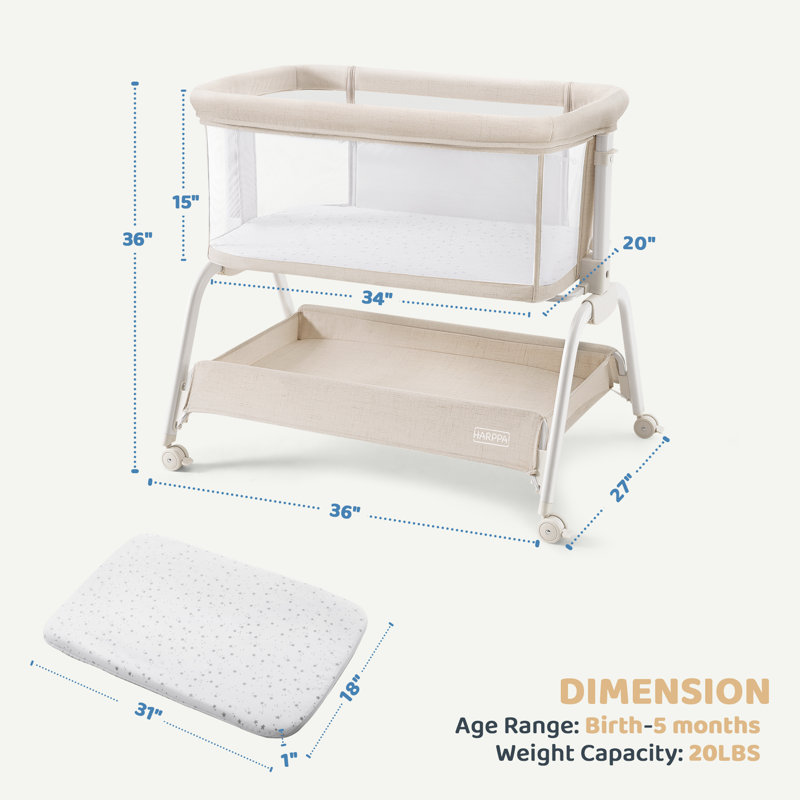Bedside Cot with Mattress, Beige