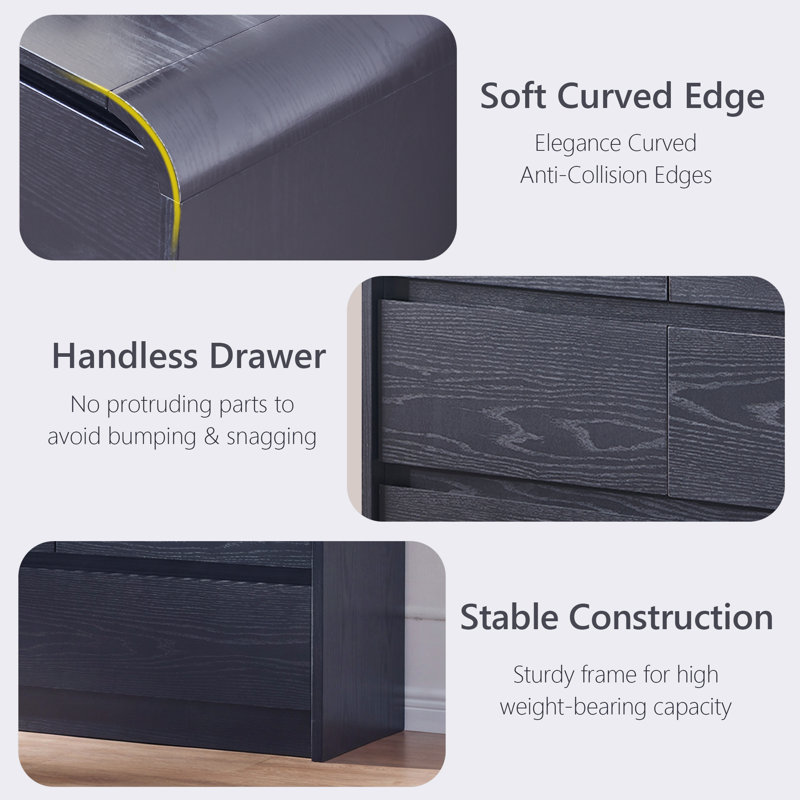 Commode moderne à 8 tiroirs de 55 po de largeur avec profil profilé incurvé pour chambre à coucher, salon, Noir