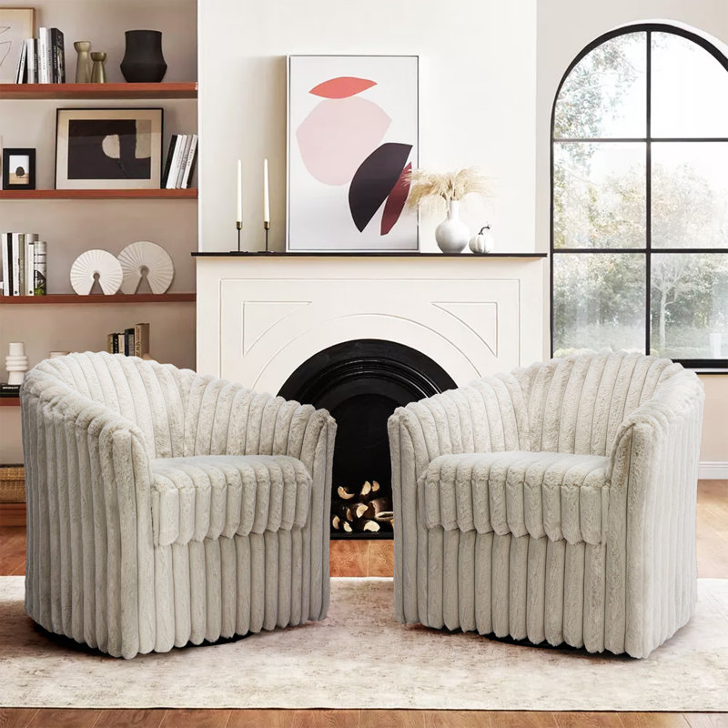 Aunna 78.2Cm Wide Swivel Barrel Chair, White Faux Fur