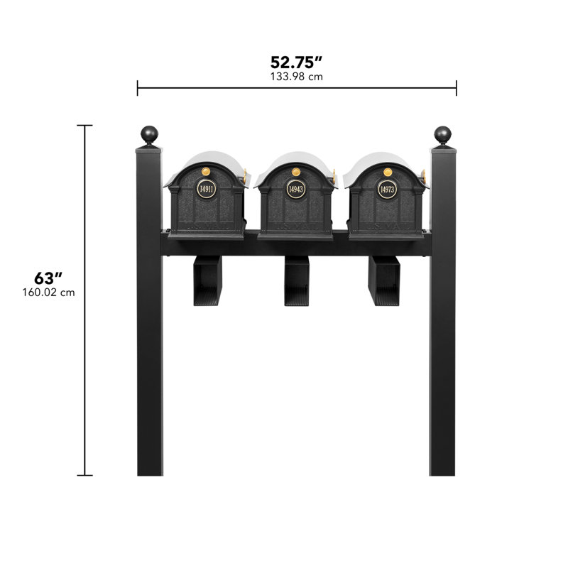 Balmoral Triple Mount Mailbox /w/ Ball Finials, Personalized Door Medallion, Newspaper Box (3 Mailboxes, Tri-Mount Rack, 3 Newspaper Boxes, 3 Medallions)