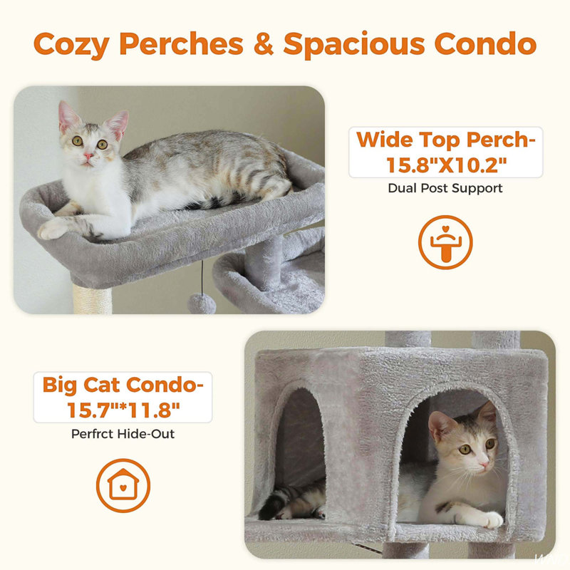 69" Gray Plush Cat Tree Tower with Hammock and Condo