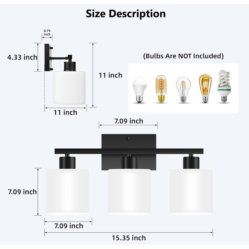 Black Modern 3-Light Bathroom Vanity Fixture with Milky White Glass Shades