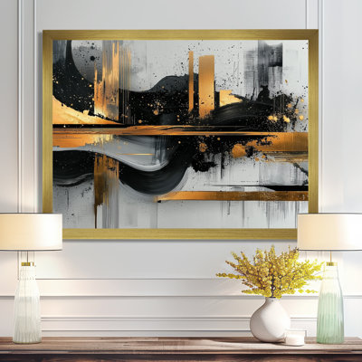 «Dark Transition Golden Shifting Horizons II», art mural transitionnel abstrait à formes modernes