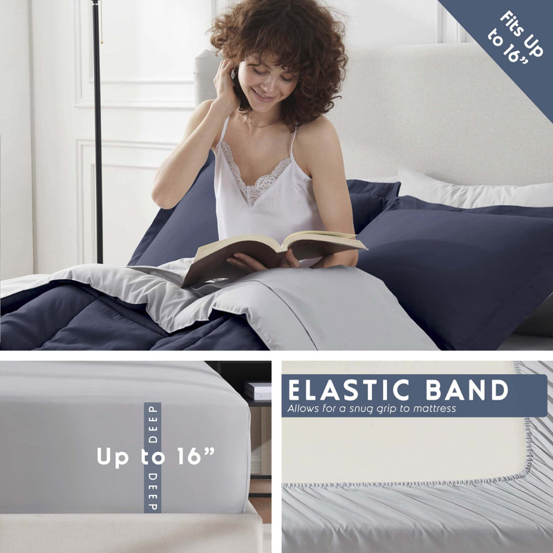 Bed-in-A-Bag Reversible Comforter Set with Bed Sheets & Memory Foam Cooling Pillows, Navy